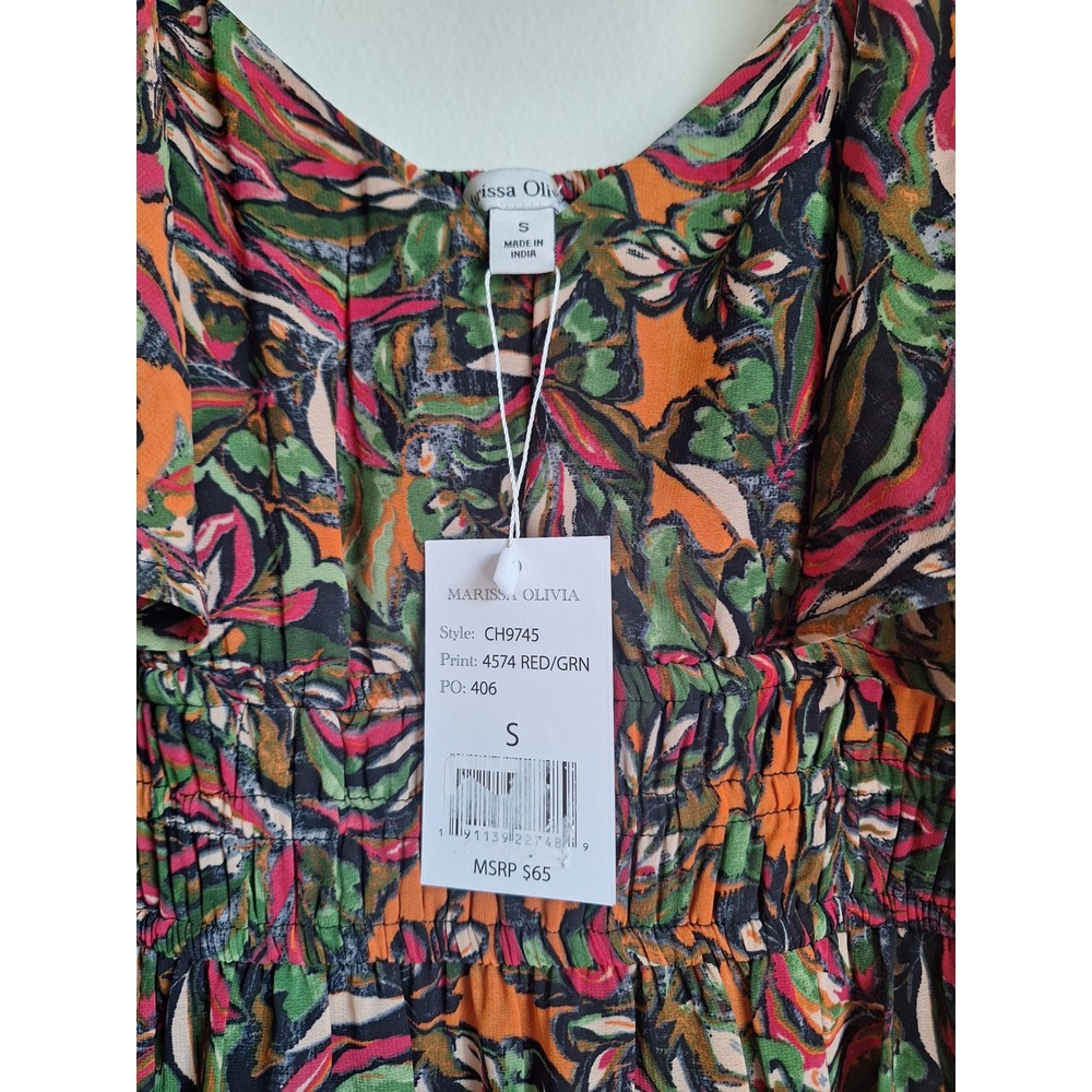 Marissa Olivia Womens Smocked Tiered Midi Dress Red Green Leaf Print size S - Picture 2 of 3